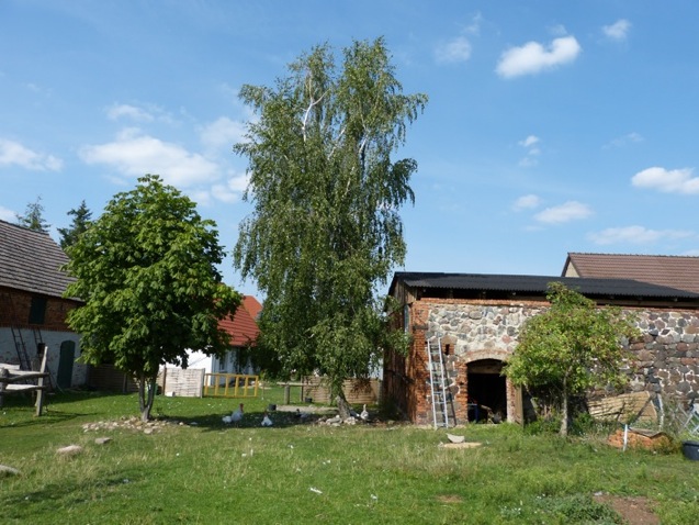 Blick auf den Ökohof Fläming: Die Feldsteinscheune ist das älteste Gebäude im Ort.